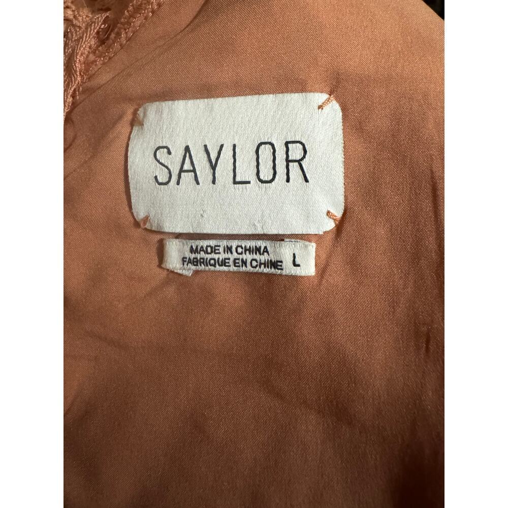Saylor Rouen Dress Clay Peach Lace Midi Open Back Ruffle Hem Wedding Guest Large - Picture 5 of 7